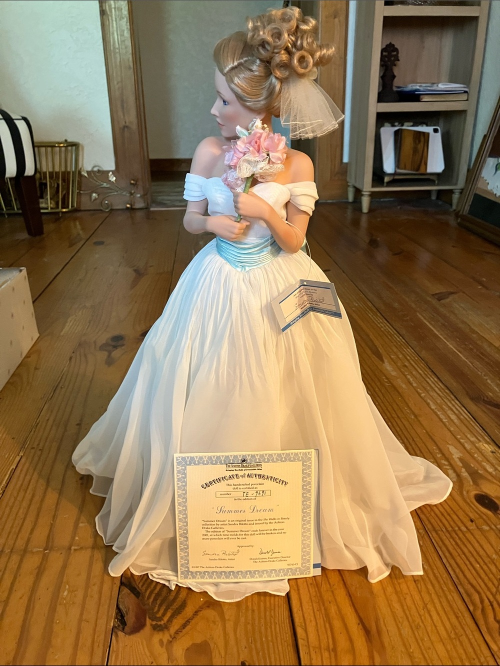 Porcelain Bride Figurine in White and Blue with Bouquet - Brand Unspecified